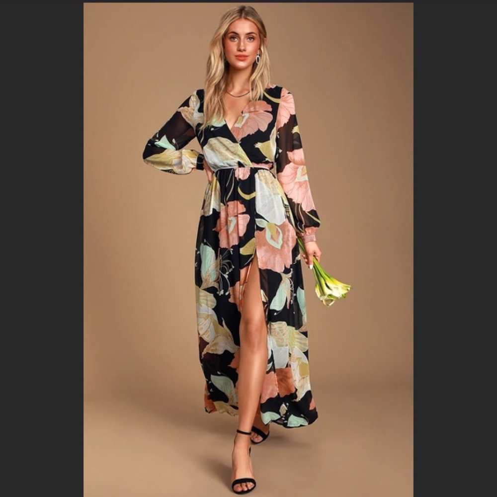 Wondrous Water Lilies Black Floral Print Maxi Dress Small